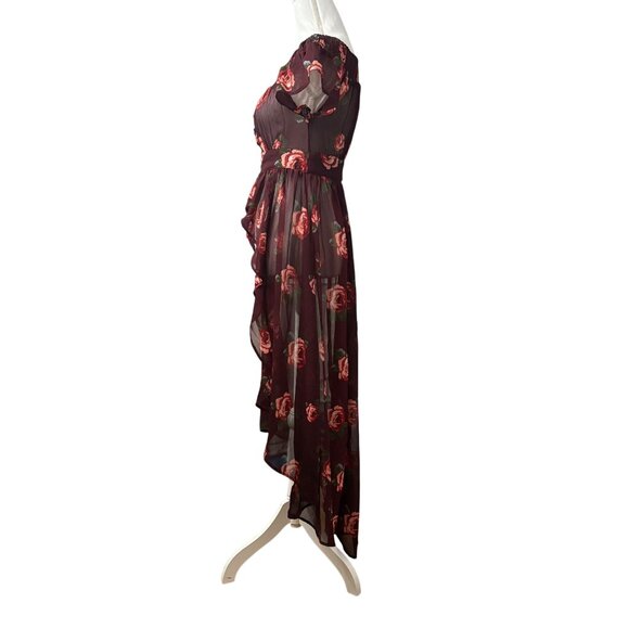 Floral Sheer Burgundy High-Low Maxi Kimono With Off-Shoulder Design Size S - Picture 2 of 10